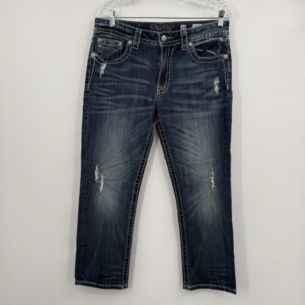 Miss Me Jeans Womens 29 Blue Boyfriend Capri Embroidered Studded Distressed